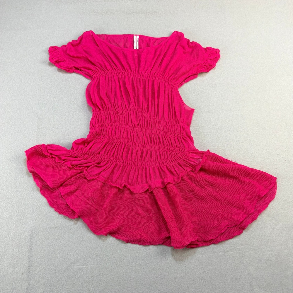 Anthropologie Hot Pink Smocked Asymmetric Peplum Blouse Cap Sleeve Linen Sz L